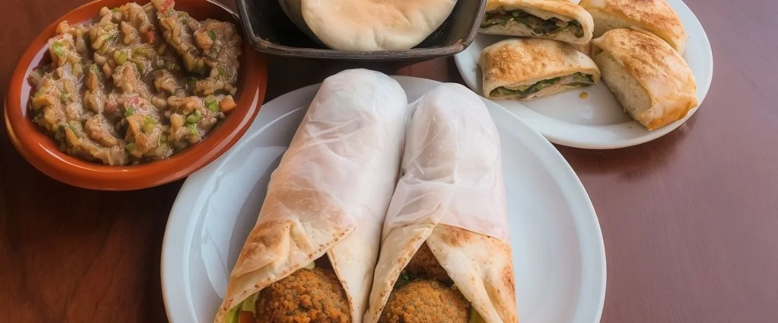 Shawarmas de falafel con baba ganoush y sfihas para compartir